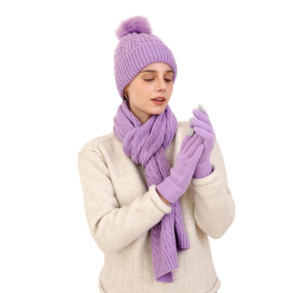 1722 Winter Beanie Hat Scarf Gloves Set Beanie with Pom Long Scarf Warm
